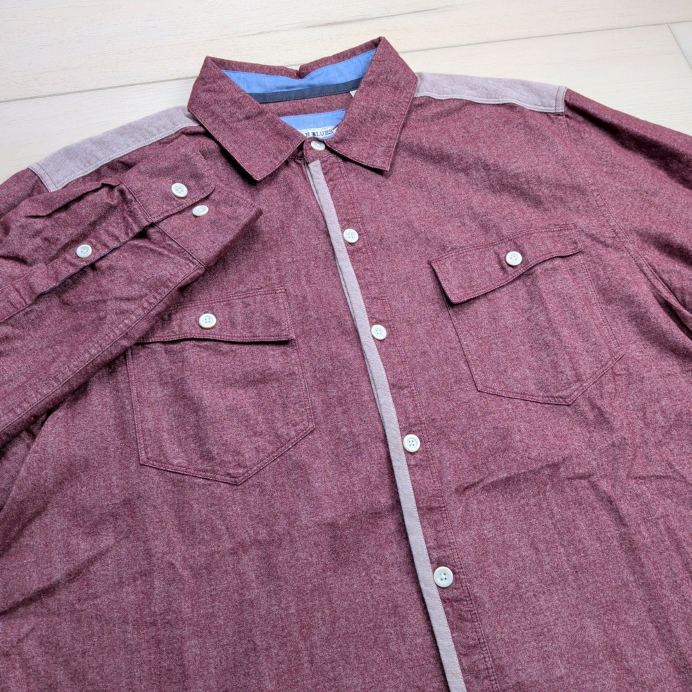 32 Bar Blues Shirt Mens L Long Sleeve Button Up Burgundy Maroon Two Tone